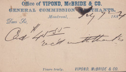 Canada Postal Stationery Ganzsache Entier Victoria PRIVATE Print VIPOND, McBRIDE & Co Commission Merchants MONTREAL 1884 - 1860-1899 Règne De Victoria