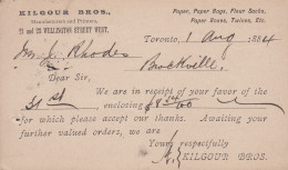 Canada Postal Stationery Ganzsache Entier Victoria PRIVATE Print KILGOUR BROS. Printers TORONTO 1884 BROCKVILLE - 1860-1899 Regering Van Victoria