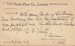 Canada Postal Stationery Ganzsache Entier Victoria PRIVATE Print VERITY PLOW CO, BRANTFORD 1899 NEW YORK (2 Scans) - 1860-1899 Regering Van Victoria