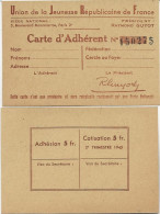 LOT DE 2 CARTES D'ADHERENT -UNION JEINSSE REPUBLICAINES DE LA FRANCE -ANNEE 1945 - 1939-45