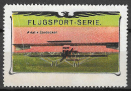 VIGNETTE CINDERELLA  Reklamemarke FLUGSPORT - SERIE Airplane, Flugzeug  AVIATIK - EINDECKER  MNG EXTRA FINE - Cinderellas