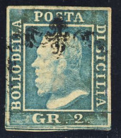 1859 - 2 Gr. Azzurro Chiaro III Tavola Con Ottimi Margini Bianchi E Annullo Non Deturpante - Ottimo Esemplare - Sicily