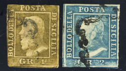 Lotticino Di 2 Valori - 1 Gr. Bruno Ruggine + 2 Gr. Azzurro Annullati (margini Corti Sul Valore Da 1 Gr.) Cat. € 2000 - Sicilië