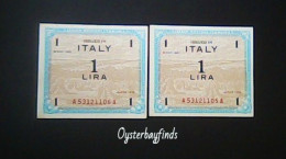 Italy 1943: 2 X 1 Lira With Consecutive Serial Numbers - Geallieerde Bezetting Tweede Wereldoorlog