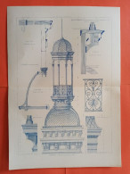 LES METAUX OUVRES 1884 LITHO FER FONTE CUIVRE ZINC " CAMPANILE Mr PERRAULT SERRURIER A PARIS " 2 PLANCHE DONT DOUBLE - Architecture
