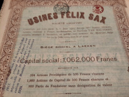 Usines Félix Sax S.A. - Part De Fondateur Au Porteur Et Sans Désignation De Valeur - Laeken 5 Juillet 1919. - Industrial