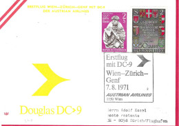 AUSTRIA - FIRST FLIGHT AUA  WITH DC-9 FROM WIEN TO ZURICH *7.8.1971* ON OFFICIAL COVER - Premiers Vols