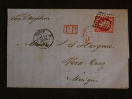 BR1 FRANCE BELLE LETTRE RRR EN PORT PAYé  1861 PARIS A VERA CRUZ MEXIQUE +LOS. BATON SUR N°17 + AFFR. PLAISANT+++ - 1853-1860 Napoléon III