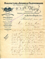 FACTURE.PARIS.MANUFACTURE D'APPAREILS TELEPHONIQUES POUR RESEAUX DE L'ETAT.A.WERY 39 BOULEVARD DE LA CHAPELLE. - Elektrizität & Gas