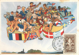 160423 - CPSM SCOUTISME TIMBRE - JAMBOREE DE LA PAIX 1947 5 F Illustration E JOUBERT Kilt Musique Marin édtions OZANNE - Gebruikt
