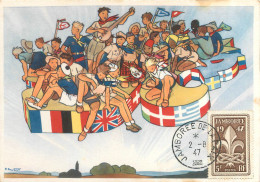 160423 - CPSM SCOUTISME TIMBRE - JAMBOREE DE LA PAIX 1947 5 F Illustration E JOUBERT Kilt Musique Marin édtions OZANNE - Used Stamps