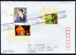 Japan, Hidaka 2017 Air Mail Cover Used To İzmir | Mi 949, 1000, 3752 Island, Palm-tree, Physician, Paintings, Family - Storia Postale