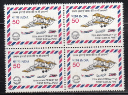 Block Of 4, India MNH 1986, 75th Annv., 50p First Official Airmail Flight, Allahabad - Naini Airplane Aviation Philately - Blocchi & Foglietti