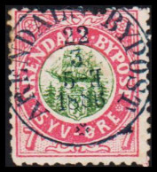 1886. NORGE. ARENDALS BYPOST SYV ÖRE. LUXUS Cancelled ARENDALS BYPOST 22 3 1886. Fold And Thin Spot. - JF531597 - Ortsausgaben