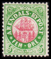 1885. NORGE. ARENDALS BYPOST FEM ÖRE. Hinged.  - JF531599 - Emissions Locales