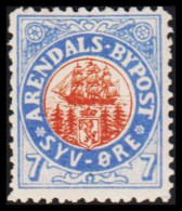 1885. NORGE. ARENDALS BYPOST SYV ÖRE. Hinged.  - JF531600 - Emissions Locales