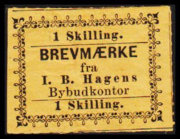 1869. NORGE.  DRAMMENS BYPOST 1 SKILLING BREVMÆRKE Fra I. B. Hagens Bybudkontor. Imperforated. Hinged. Thi... - JF531604 - Local Post Stamps