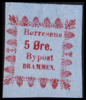 1888. NORGE. Børresens 5 Øre Bypost Drammen. Imperforated. No Gum. Very Unusual.  - JF531614 - Lokale Uitgaven