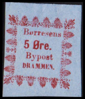 1888. NORGE. Børresens 5 Øre Bypost Drammen. Imperforated. No Gum. Very Unusual.  - JF531614 - Emissions Locales