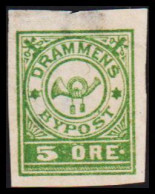 1888. NORGE. BYPOST DRAMMEN (Børresens) 5 ØRE. Imperforated. No Gum. Thin. Unusual.  - JF531620 - Local Post Stamps