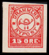 1888. NORGE. BYPOST DRAMMEN (Børresens) 15 ØRE. Imperforated. Hinged. Unusual.  - JF531621 - Local Post Stamps