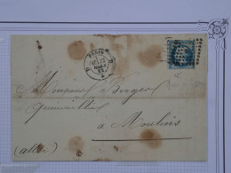 BR2 FRANCE  LETTRE RRR 1852  PARIS  A  MOULINS +N°22 PERCé EN LIGNE +AFF. INTERESSANT++ - 1862 Napoléon III