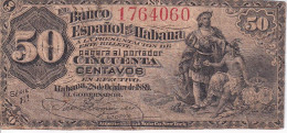 BILLETE DEL BANCO ESPAÑOL EN CUBA DE 50 CENTAVOS DEL AÑO 1889 (BANKNOTE) RARO - Cuba