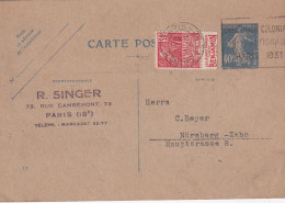 FRANCE TIMBRE AVEC PUBLICITE SUR ENTIER POSTAL DE PARIS 1931 - Briefe U. Dokumente