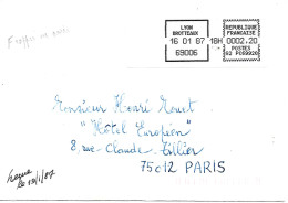 Lettre Vignette Lisa Lyon Brotteaux 16 01 87 Affranchissement à 2,20 Frappée En Noire Au Lieu De Rouge - Lettres & Documents