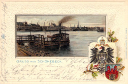 Gruß Aus Schönebeck - Flusspanorama Gel.190? AKS Passepartout & Wappenkarte - Schoenebeck (Elbe)