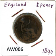 HALF PENNY 1890 UK GREAT BRITAIN Coin #AW006.U - C. 1/2 Penny