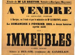 VP21.886 - 1902 - Affiche 28 X 39 - Etude De Me LE BRETON Notaire à RAVIGNY - Vente D'Immeubles Situés à GANDELAIN - Plakate