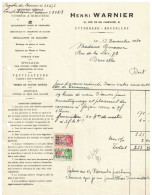 Facture 1930 Etterbeek - Bruxelles Henri Warnier Entreprise Générale Vitrerie & Miroiterie TP Fiscaux - Old Professions