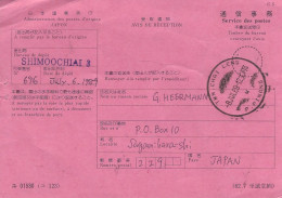 Japan 1989 Shimoochiai Avis De Reception Advice Of Receipt AR Card To Penang Malyasia - Covers & Documents