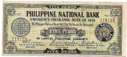 PHILIPPINES  CEBU  Province  FIVE Pesos #216   Série De 1941  Billet Fond Vert ,  PR. NEUF - Philippines