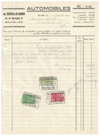 Facture 1928 Bruxelles Jos. Cousin & M. Carron Automobiles TP Fiscaux - Cars