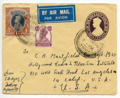 India 1948 Uprated 1 1/2a King George VI Postal Envelope; Tumkur To Los Angeles, CA, U.S. - Hollywood Radio & Television - Storia Postale