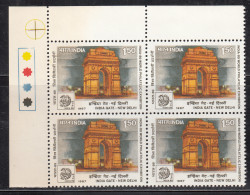 T/L Block Of 4, India MNH 1987,  India 89 Stamp Exhibition, Monument,  'India Gate' (cond, Negligble Stains On Top) - Blocks & Kleinbögen