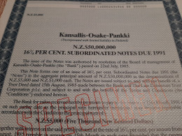 Bank Kansalis - Osake - Pankki - Titre "Specimen" - N.Z. 85.000 (New Zealand Dollars) London, England 15 Août 1985. - Bank En Verzekering