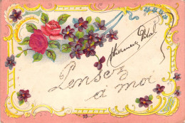 Fleurs - Illustration De Rose Et Fleurs Violettes - Carte Postale Ancienne - Bloemen