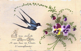 Fleurs - Illustration De Pensées Et Hirondelle - Carte Postale Ancienne - Bloemen