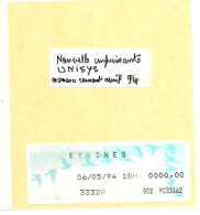 Vignette Oiseaux Mise En Service De La Nouvelle Imprimante UNISYS Affranchissement à 0000,00 Eysines Le 06/05/94 - Storia Postale