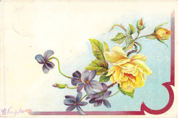 Fleurs - Illustration Rose Jaune Et Fleurs Violettes - Carte Postale Ancienne - Blumen