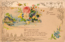 Fleurs - Illustration De Fleurs Multicolores Avec Un Village - Carte Postale Ancienne - Blumen