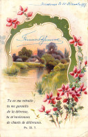 Fleurs - Illustration De Fleurs à Identifier Rouge Autour D'un Paysage De Campagne Et Rivière - Carte Postale Ancienne - Flowers