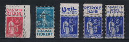 LOT De 5 TIMBRES ISSUS De CARNET Avec BANDES PUB PUBLICITAIRE PROVINS Sur PAIX Et SEMEUSE GITANE REGLISSE FLORENT UTIL - Used Stamps
