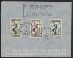 CAMBODGE CAMBODIA Enveloppe PREMIER JOUR FDC Avec N° 1 + 4 + 15 De 1952 (première émission) - Kambodscha