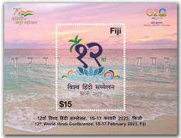 FIJI 2023 Religion Stamps 12th World Hindi Conference Hinduism, G20,Letter,Literature,Ocean,MS Sheet, MNH (**) - Brieven En Documenten
