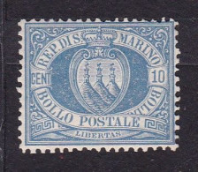 1877 San Marino Saint Marin CIFRA O STEMMA 10c. Oltremare (3) Certificato Biondi MLH* - Nuevos