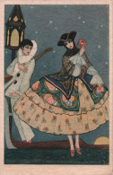 Illustrateur - Pierrot Au Clair De Lune - Couple - Femme Avec Masque Venitien - Carte Postale Ancienne - - Non Classés